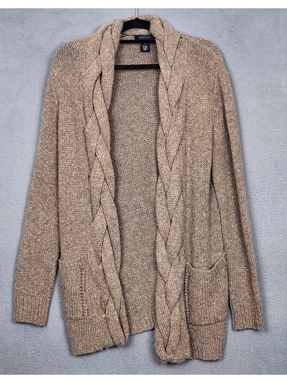 KAREN KANE Sweater Womens XL Brown Cable Knit Long Open Cardigan Wool Alpaca